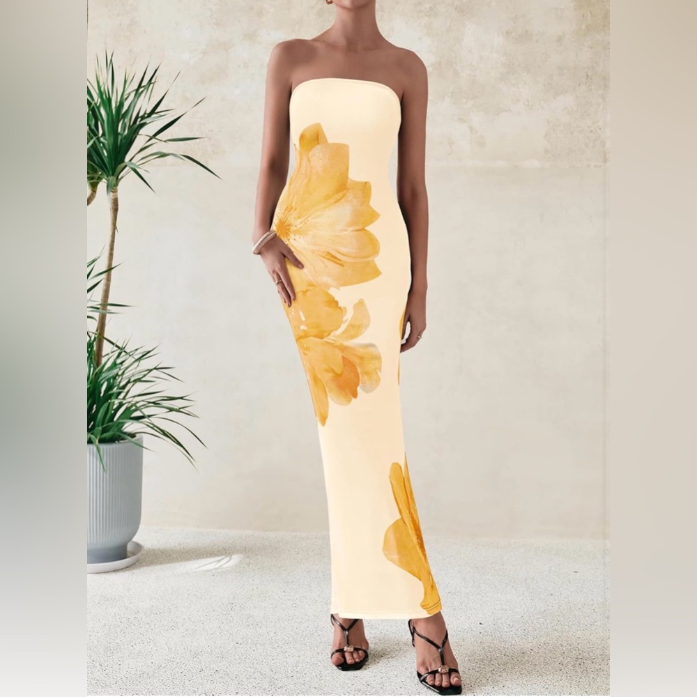 Elegant Floral Maxi Dress in Cream and Orange - Picture 2 of 4